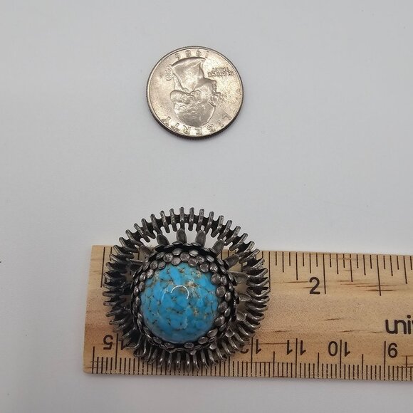 VTG Brooch Silver Tone Turquoise Stone Native Art Point Boho Chic Statement Pin - Picture 2 of 11